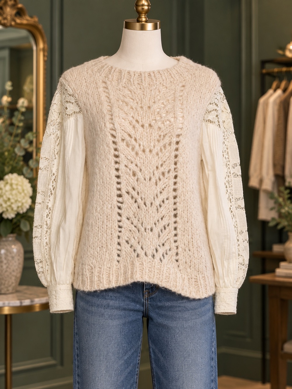 Sea New York Angora Cozy Cream Cable-Knit Sweater with cottonLace Balloon Sleeve